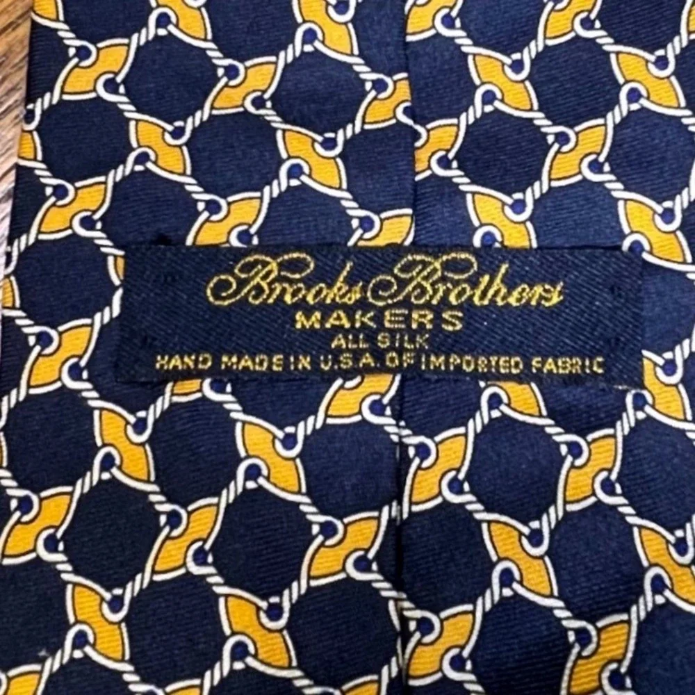 Brooks Brothers Makers Silk Tie Navy‎ Blue Gold Nautical Rope Chain Preppy Mens